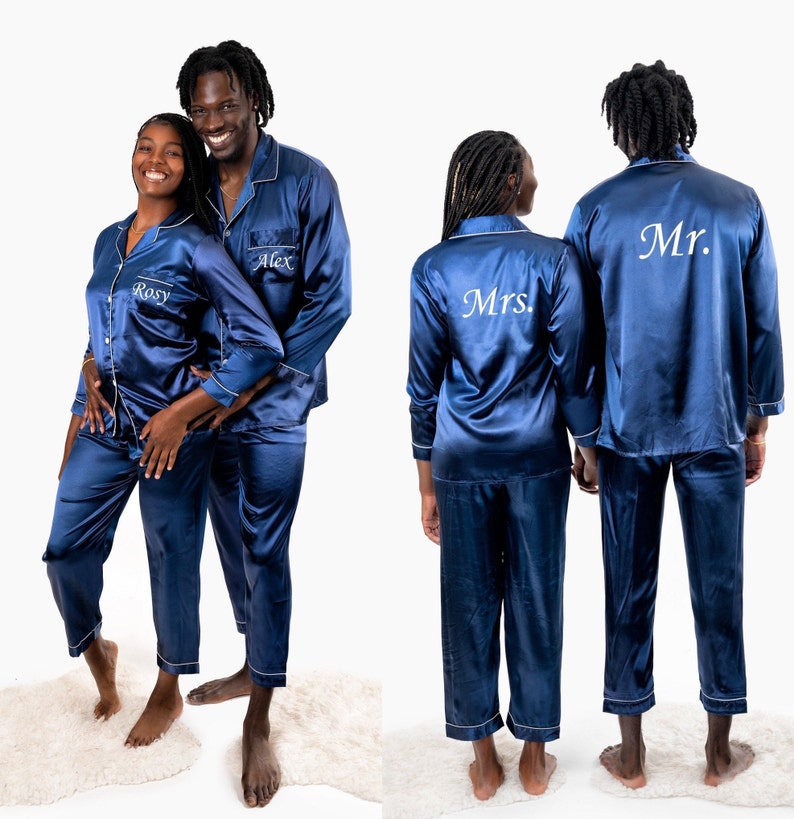 Mr and Mrs Custom Satin Pajamas, Matching Satin Pajamas Couple, Wedding Gift for Groom and Bride, Anniversary Gift, Honeymoon, LongLong image 6