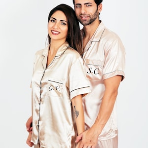 Customized Satin Pajamas for Couple, Personalized Pjs, Groom and Bride Pjs , Mr and Mrs Pajamas, Honeymoon gift, Anniversary gift, SL image 5