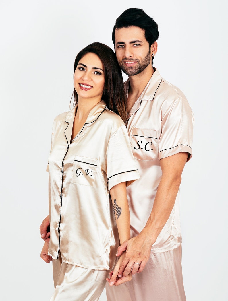 Customized Satin Pajamas for Couple, Personalized Pjs, Groom and Bride Pjs , Mr and Mrs Pajamas, Honeymoon gift, Anniversary gift, SL image 5