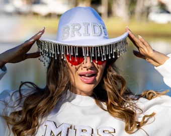 Bride Cowboy Hat with Pearls, Custom Cow Hat, Bachelorette favors, Cowgirl Hat, White Bridal Hat, Bridal gift, Bride Custom White Hat - new