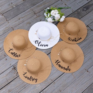 Personalized sun hats with names, Bridal sun hat, Bridesmaids Custom Floppy Sun hats with shells, Customized Sun hats, Maid of Honor gift