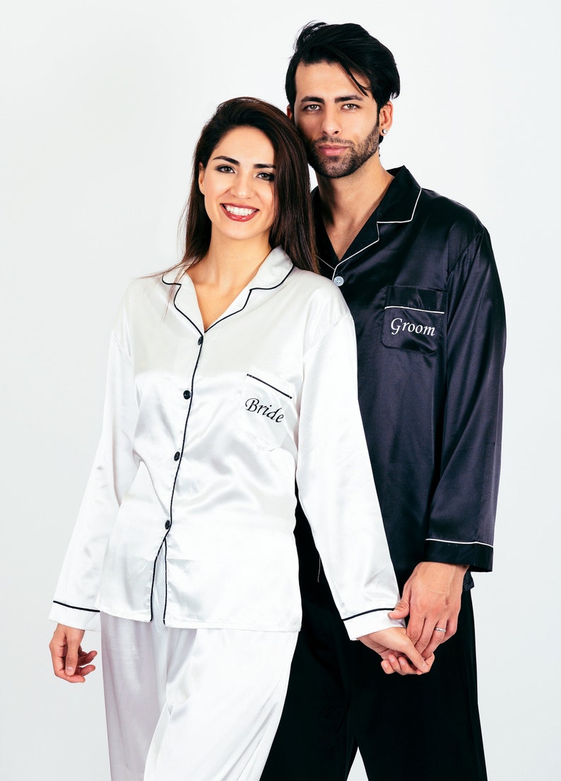 Mr and Mrs Custom Satin Pajamas, Matching Satin Pajamas Couple, Wedding Gift for Groom and Bride, Anniversary Gift, Honeymoon, LongLong image 5