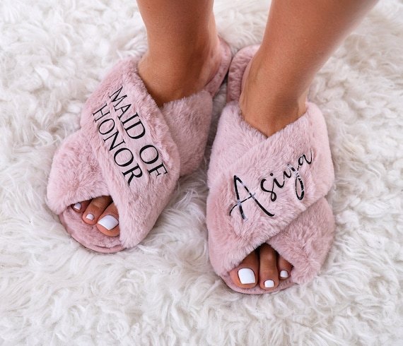 Personalized Bridal Shower Fluffy Cross Slippers Bride - Etsy