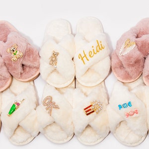 Custom Kids brooch slippers, kids fluffy slippers, Kids fluffy cross slippers, Custom Name slippers, Personalized Kids slippers, flower girl