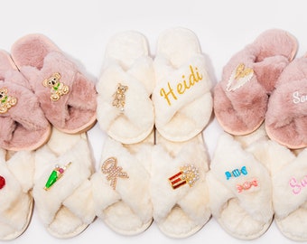 Custom Kids brooch slippers, kids fluffy slippers, Kids fluffy cross slippers, Custom Name slippers, Personalized Kids slippers, flower girl