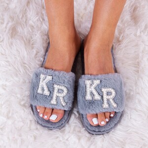 Personalized Fluffy Slippers, Bridesmaid slippers, Bachelorette gifts, Spa slippers, Slumber party, Bridesmaid gift, Wedding slippers-pearls image 3