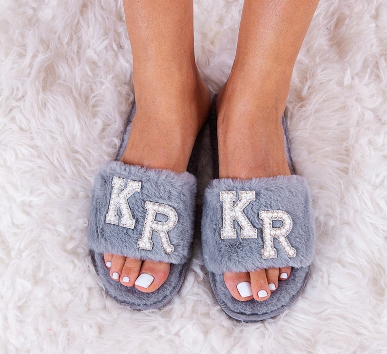 Personalized Fluffy Slippers, Bridesmaid slippers, Bachelorette gifts, Spa slippers, Slumber party, Bridesmaid gift, Wedding slippers-pearls image 3