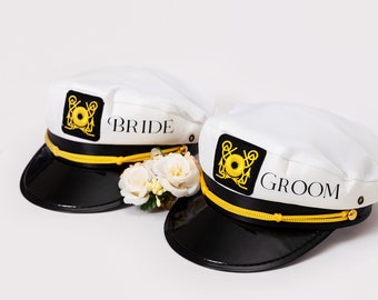 Bride and Groom Captain Hats, wedding gifts, Bridal captain Hats, groom Captain hats, Bachelor party Hats, Personalized Captain Hats-russill