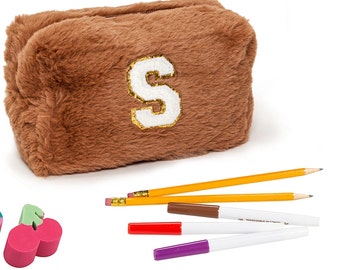 Custom Initial Pencil Case, Personalized Pencil Case, Back to School Gift, Gift For Kids, Kids Pencil Pouch, Fluffy cosmetic bag