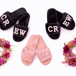 Personalized Fluffy Slippers, Bridesmaid slippers, Bachelorette gifts, Spa slippers, Slumber party, Bridesmaid gift, Wedding slippers-pearls image 9