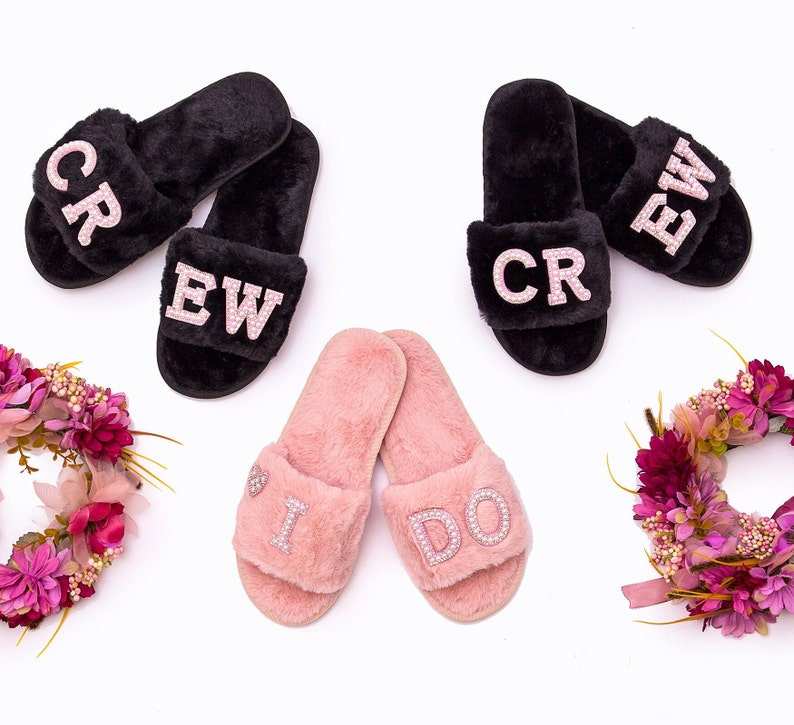 Personalized Fluffy Slippers, Bridesmaid slippers, Bachelorette gifts, Spa slippers, Slumber party, Bridesmaid gift, Wedding slippers-pearls image 9