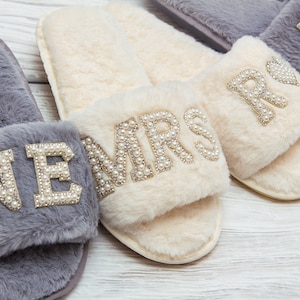 Personalized Fluffy Slippers, Bridesmaid slippers, Bachelorette gifts, Spa slippers, Slumber party, Bridesmaid gift, Wedding slippers-pearls image 2