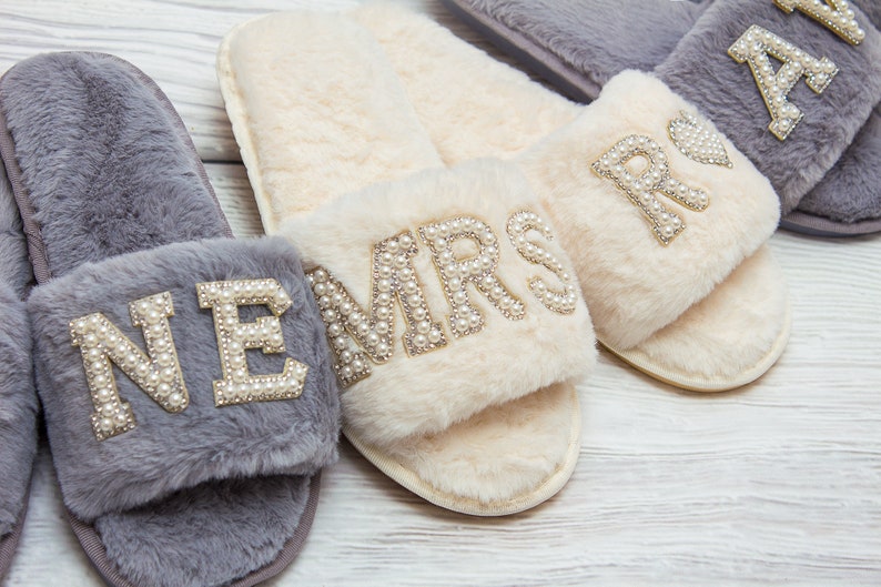 Personalized Fluffy Slippers, Bridesmaid slippers, Bachelorette gifts, Spa slippers, Slumber party, Bridesmaid gift, Wedding slippers-pearls image 2