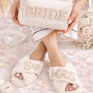 Custom Bride Gift Set: Rhinestone Cosmetic Bag & Pearl Slippers image 4