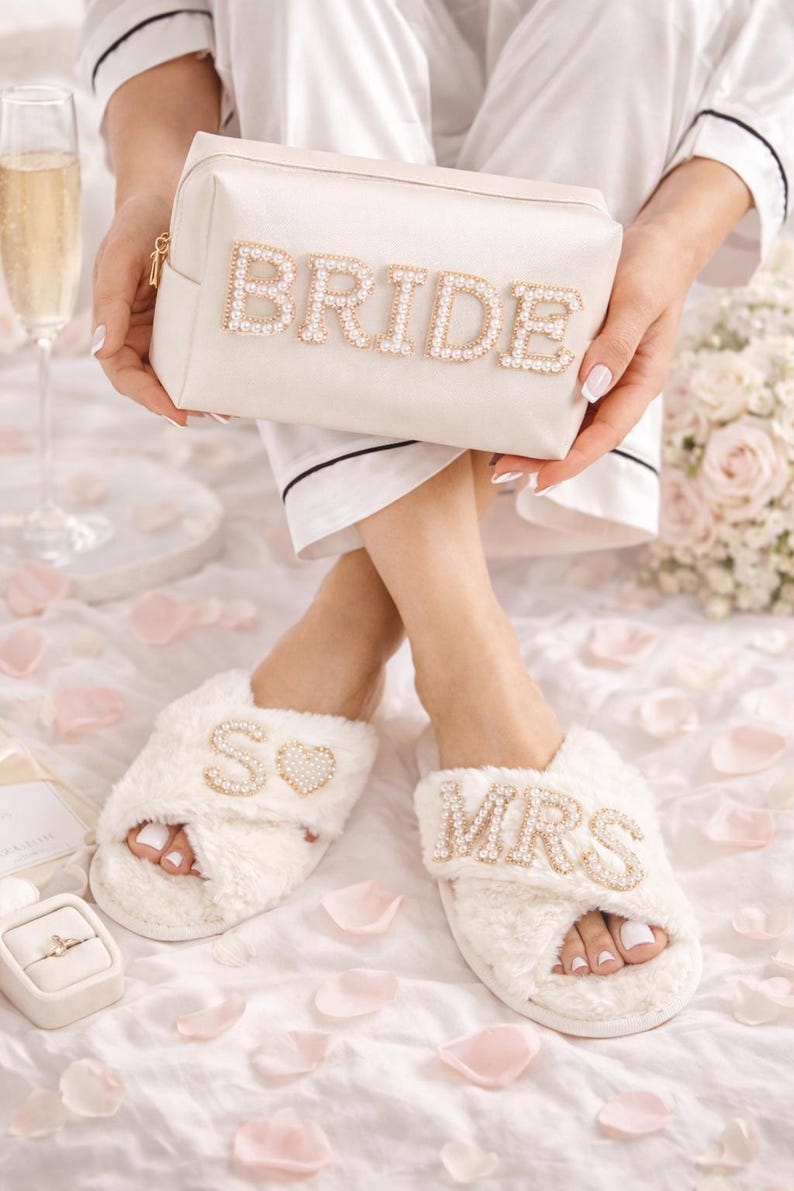 Custom Bride Gift Set: Rhinestone Cosmetic Bag & Pearl Slippers image 4