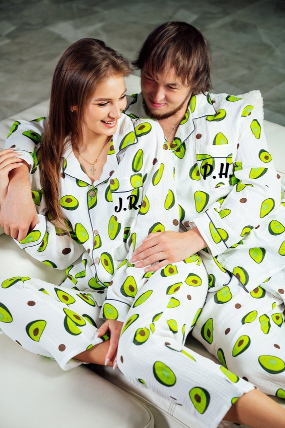 Custom Avocado Pajama Set, Matching Pajamas for Couple, Avocado Print PJ,  Button Down Pajamas Men Women, Mr and Mrs Matching Outfit 