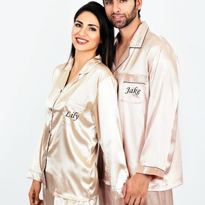 Mr and Mrs Custom Satin Pajamas, Matching Satin Pajamas Couple, Wedding Gift for Groom and Bride, Anniversary Gift, Honeymoon, LongLong image 2