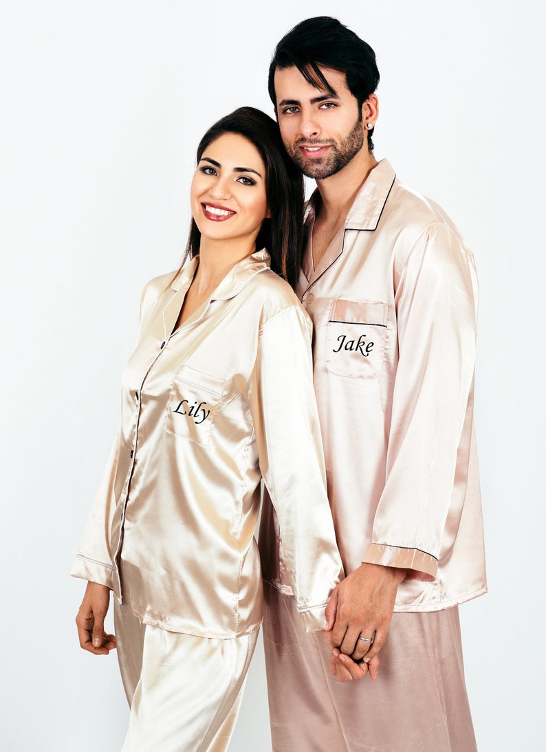 Mr and Mrs Custom Satin Pajamas, Matching Satin Pajamas Couple, Wedding Gift for Groom and Bride, Anniversary Gift, Honeymoon, LongLong image 2