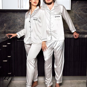 Mr and Mrs Custom Satin Pajamas, Matching Satin Pajamas Couple, Wedding Gift for Groom and Bride, Anniversary Gift, Honeymoon, LongLong image 9