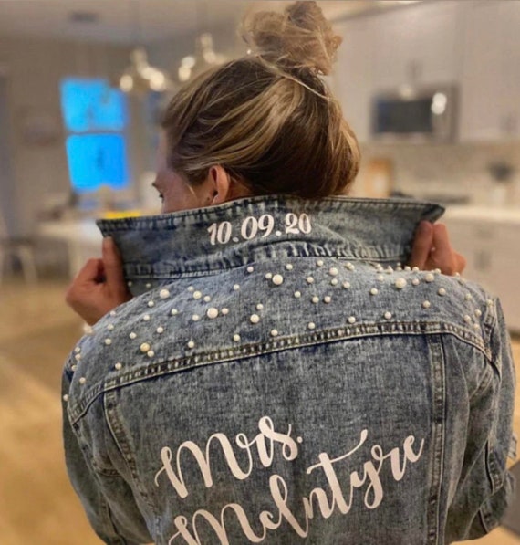 PERSONALIZED Statement Denim Bridal Jacket Monogram Customized Wedding Jean  Jacket Bridal Denim Jacket Bride Pearl MRS Jacket