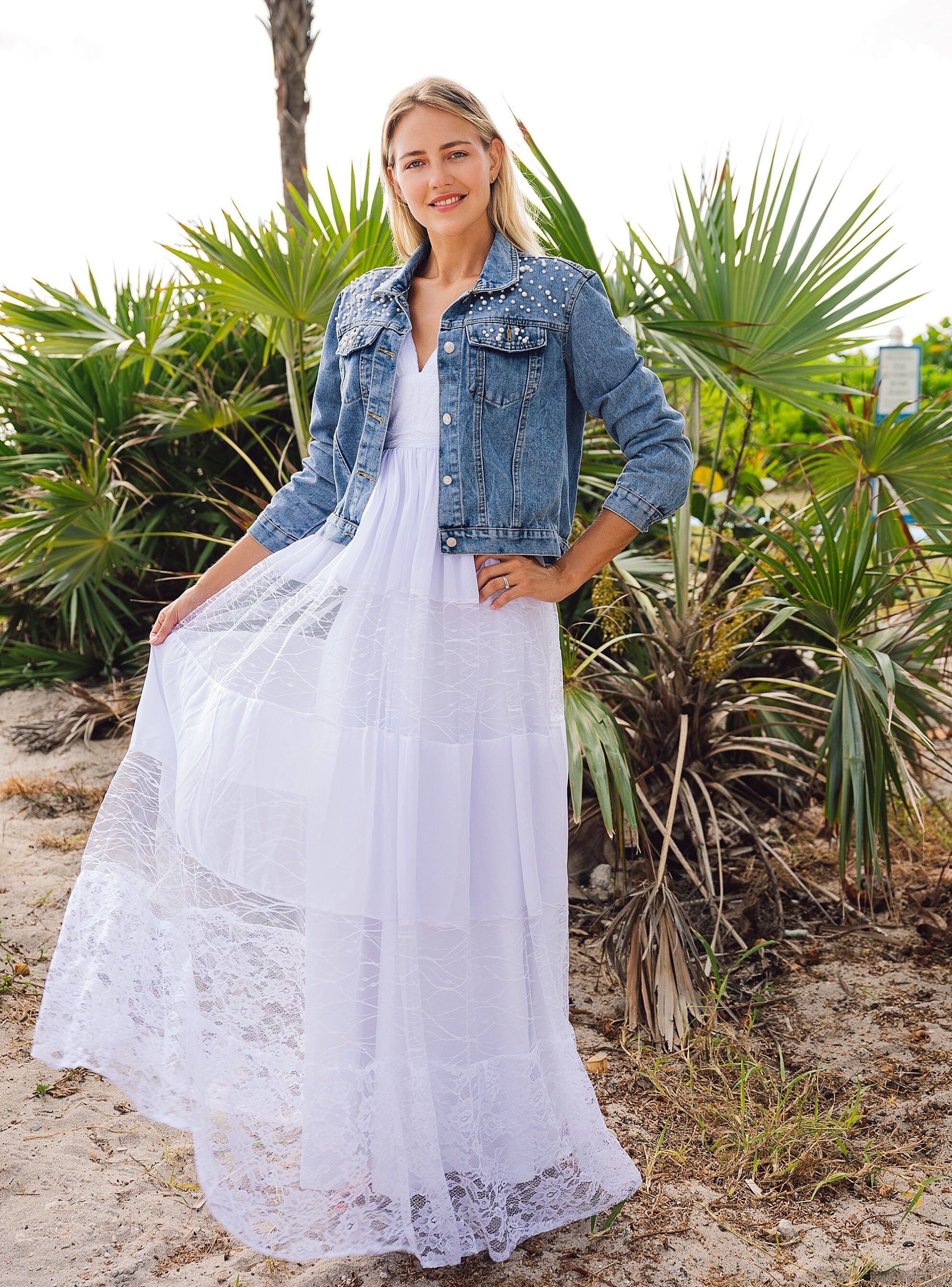 Short White Dress With Leather Jacket Custom Pearl Denim Jacket Mrs,  Customized Jean Jacket, Bridal Party