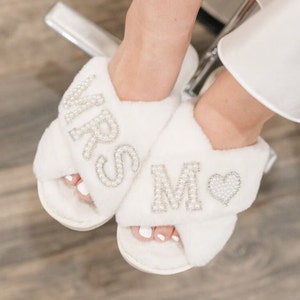 Bridal Fluffy Slippers: Custom Pearl Mrs Bride Gift