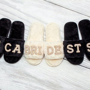 Personalized Fluffy Slippers, Bridesmaid slippers, Bachelorette gifts, Spa slippers, Slumber party, Bridesmaid gift, Wedding slippers-pearls image 7