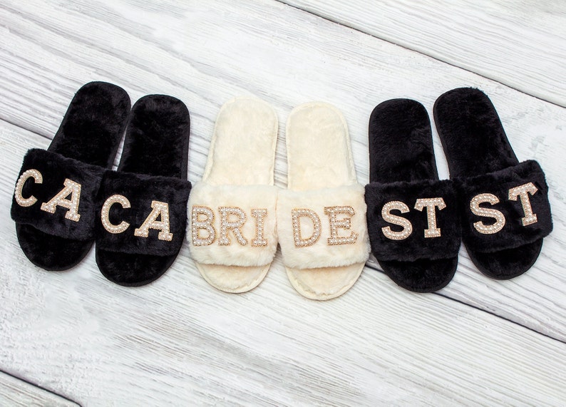 Personalized Fluffy Slippers, Bridesmaid slippers, Bachelorette gifts, Spa slippers, Slumber party, Bridesmaid gift, Wedding slippers-pearls image 7