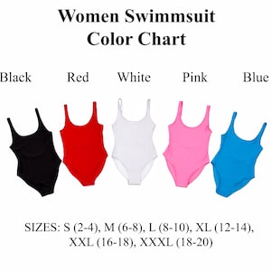 May include: Color chart for women's swimsuits in black, red, white, pink, and blue. Sizes range from S (2-4) to XXXL (18-20).