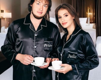 Couples Satin Pajamas, Valentine’s Day Gift, Matching PJs Set for Him & Her, Gift for Boyfriend, Husband, Luxury Satin Sleepwear - L+L
