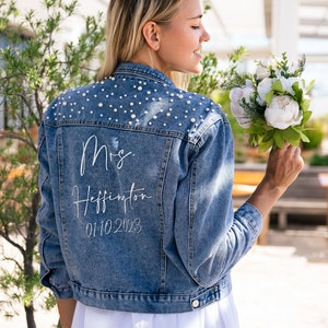 Custom Pearl Denim Jacket Mrs, Customized Jean Jacket, Bridal Party Denim jacket, Wedding jacket, Mrs Jacket, Future MRS Jacket -amalficoast