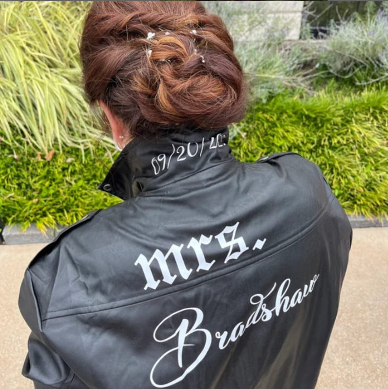 Bride Leather Jacket, Wedding Jacket, Mrs and Mr Jacket, Mrs Custom Faux Leather Jacket, Anniversary Gift, Honeymoon Gift gothic style image 4