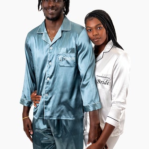 Mr and Mrs Custom Satin Pajamas, Matching Satin Pajamas Couple, Wedding Gift for Groom and Bride, Anniversary Gift, Honeymoon, LongLong image 3