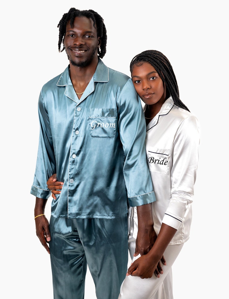 Mr and Mrs Custom Satin Pajamas, Matching Satin Pajamas Couple, Wedding Gift for Groom and Bride, Anniversary Gift, Honeymoon, LongLong image 3