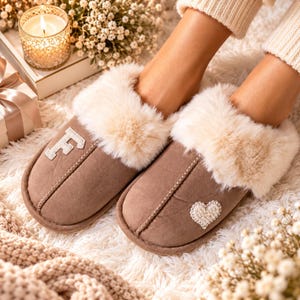 Personalized Christmas Slippers for Women, Custom Initial Fluffy Slippers, Cozy Gift for Her, Pearl Heart Slippers, Winter Holiday Gift