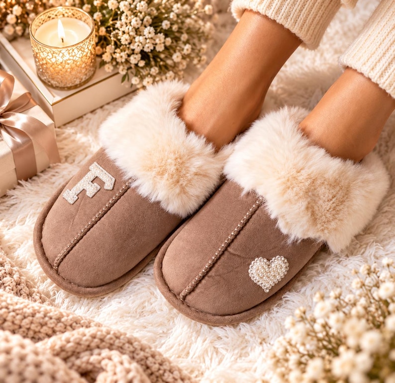 Personalized Christmas Slippers for Women, Custom Initial Fluffy Slippers, Cozy Gift for Her, Pearl Heart Slippers, Winter Holiday Gift