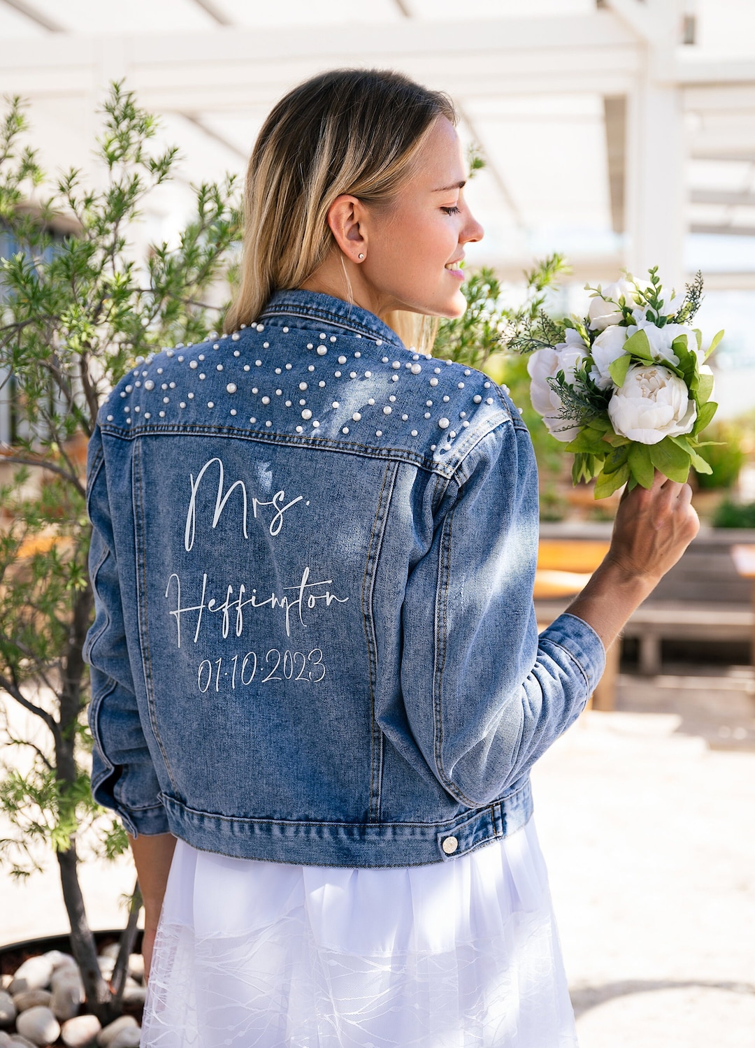 Custom Pearl Denim Jacket Mrs, Customized Jean Jacket, Bridal