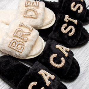 Personalized Pearl Fluffy Slippers: Bachelorette Spa Gifts