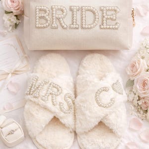 Custom Bride Gift Set: Rhinestone Cosmetic Bag & Pearl Slippers