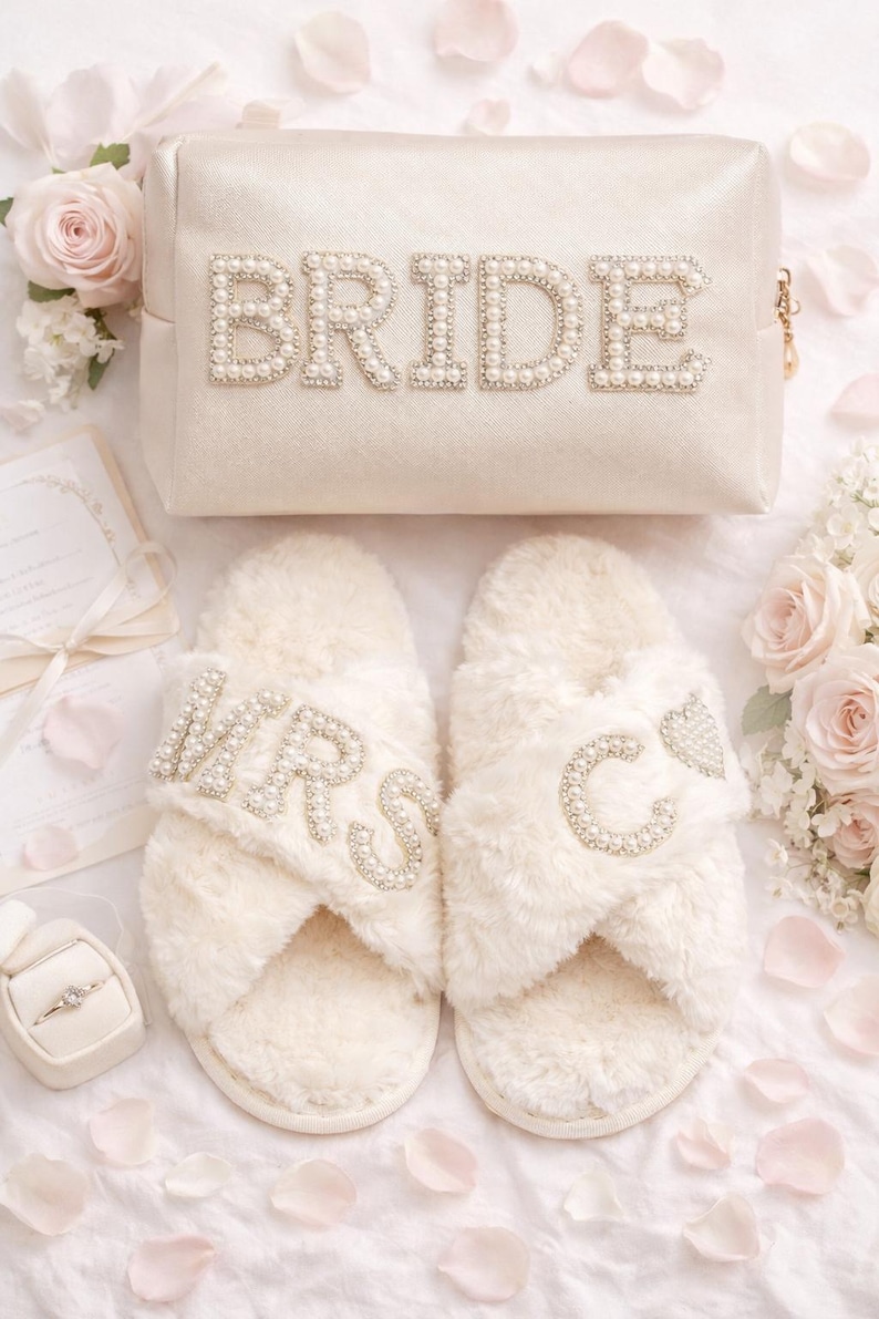 Custom Bride Gift Set: Rhinestone Cosmetic Bag & Pearl Slippers