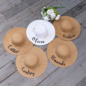 Bridesmaids Custom Floppy Sun hats with shells, Customized Sun hats, Personalized sun hats with names, Maid of Honor gift, Bridal sun hat