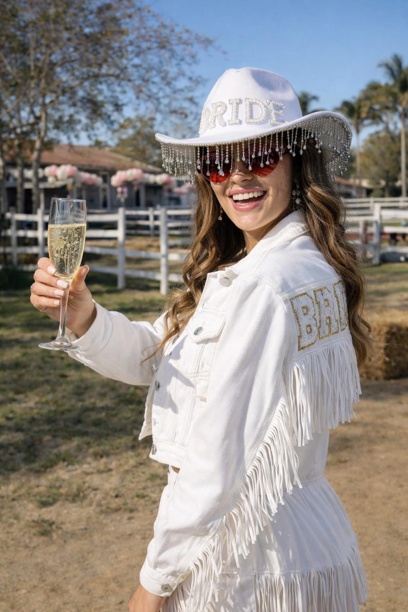 Custom Bride Cowboy Hat with Pearls: Bridal Cowgirl Bachelorette Gift image 8