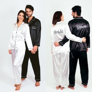 Groom and Bride Pjs, Satin Personalized Pjs , Custom Satin Pajamas for Couple, Mr and Mrs Pajama sets, Honeymoon gift, Anniversary gift- L+L