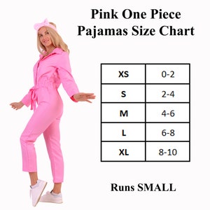 May include: A pink one-piece pajama set with a matching headband. The image includes a size chart with sizes XS to XL and the text "Runs SMALL". The pajamas have a collared neckline and a tie waist.