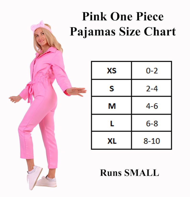 May include: A pink one-piece pajama set with a matching headband. The image includes a size chart with sizes XS to XL and the text "Runs SMALL". The pajamas have a collared neckline and a tie waist.