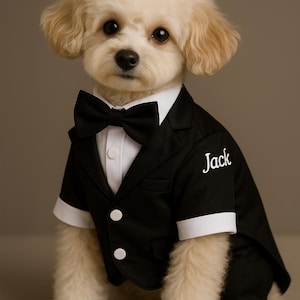 May include: A small, white, fluffy dog wearing a black tuxedo with a white bow tie. The dog is sitting and looking at the camera. The dog's name, "Jack", is embroidered on the tuxedo.