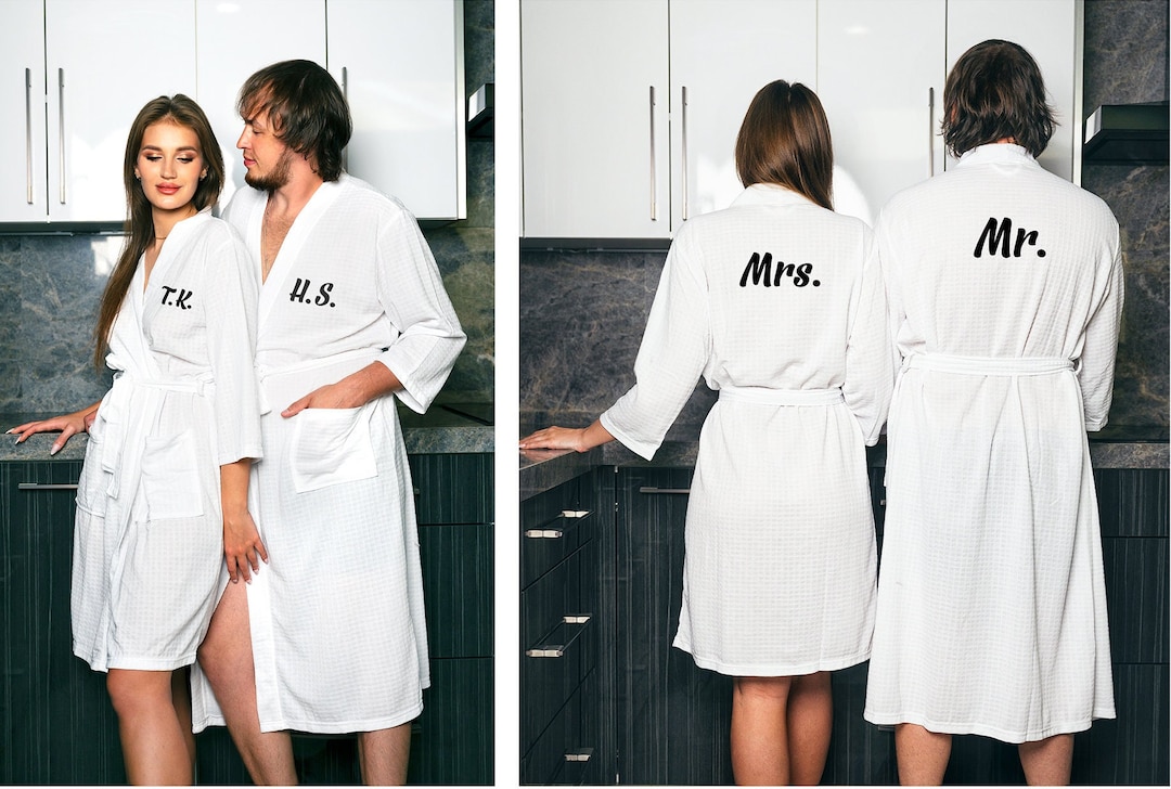 Groom Bride Matching Waffle Knit Bathrobes, Honeymoon Bathrobes, Custom