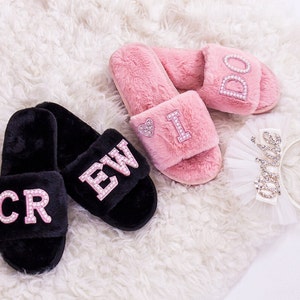 Personalized Fluffy Slippers, Bridesmaid slippers, Bachelorette gifts, Spa slippers, Slumber party, Bridesmaid gift, Wedding slippers-pearls image 8