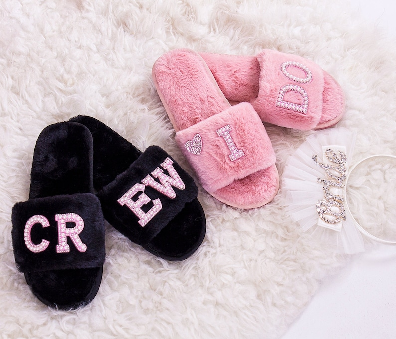 Personalized Fluffy Slippers, Bridesmaid slippers, Bachelorette gifts, Spa slippers, Slumber party, Bridesmaid gift, Wedding slippers-pearls image 8