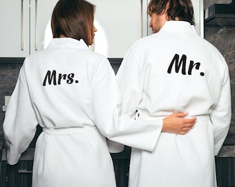 Batas de baño de algodón Mr Mrs Waffle, batas de baño largas personalizadas para pareja, batas de regalo de luna de miel, batas personalizadas a juego, batas de boda - Waffle largo